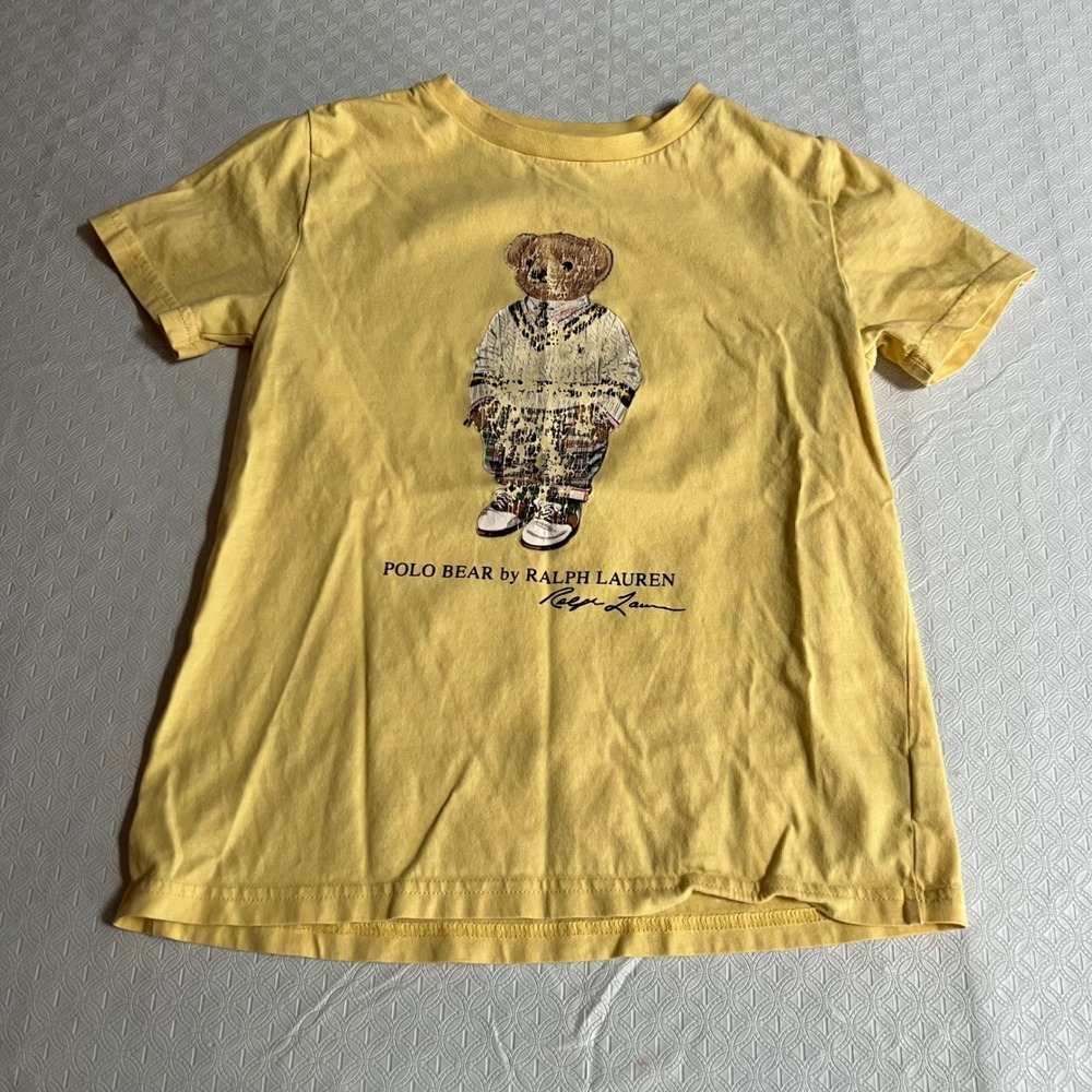 Polo Ralph Lauren Kids Yellow Polo Bear Graphic T-Shirt Size 7 Distressed Preppy